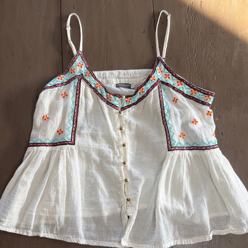 Earthbound Trading Co Artsy Boho Embroidered Babydoll Tank Gauze Large
